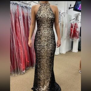 Sherri Hill Black and Gold Sequin Gown